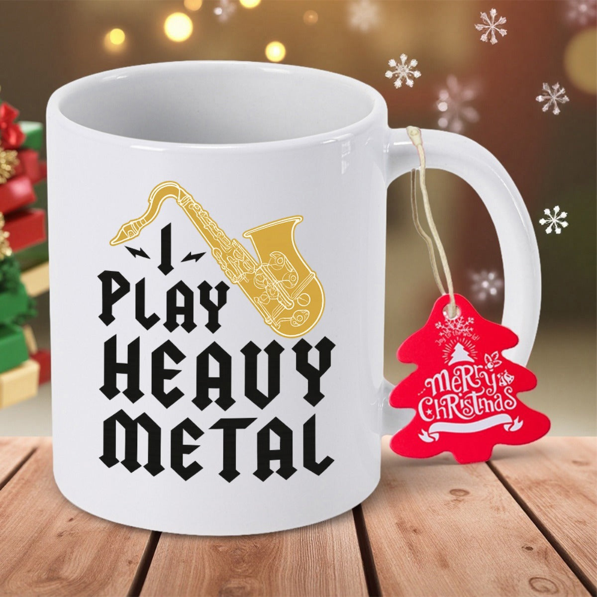 Tailorly White Ceramic 11 oz Mug - I Play Heavy Metal Polished Golden Brass Instrument With Intricate Musical Details Saxophone