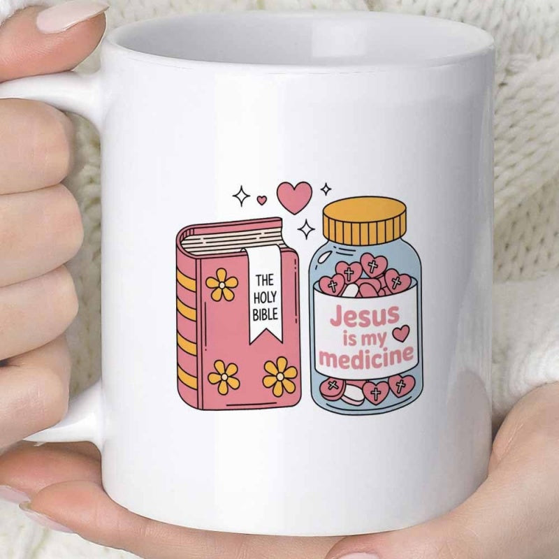 Tailorly White Ceramic 11 oz Mug - The Holy Bible Jesus Is My Medicine Pink Religious Book And Glass Jar Filled With Tiny Hearts Mug