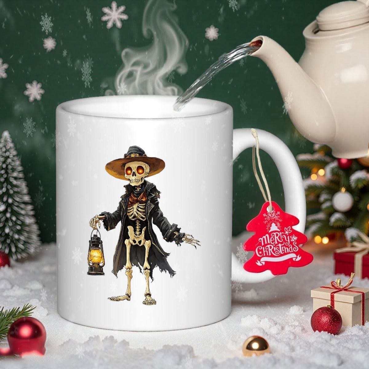 Tailorly White Ceramic 11 oz Mug - Mysterious Wanderer With Wide Brimmed Hat Carrying Vintage Glowing Lantern Skeleton