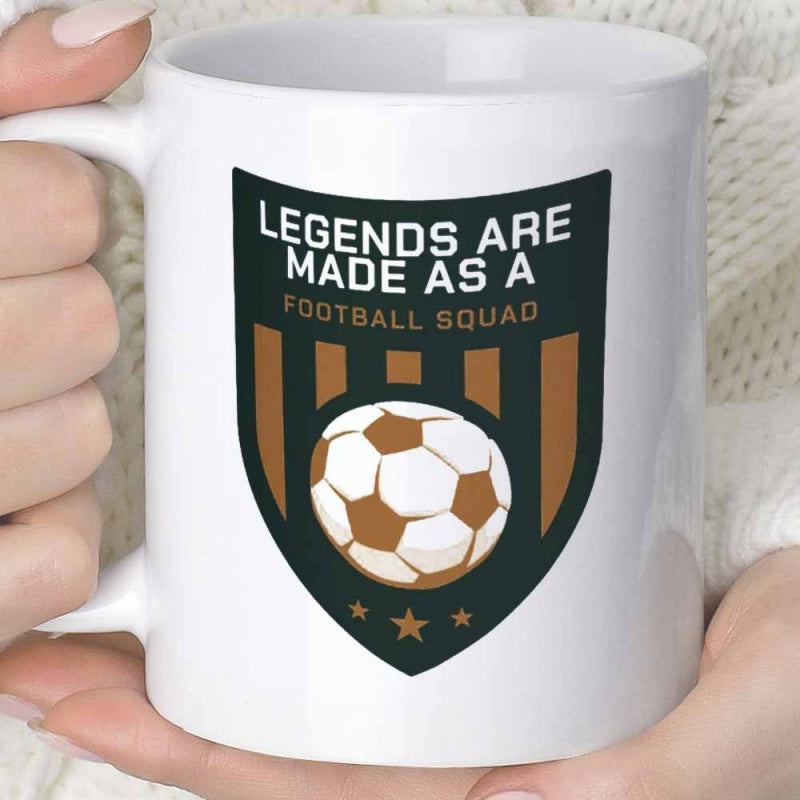 Tailorly White Ceramic 11 oz Mug - Legends Are Made As A Football Squad Classical Sports Crest Featuring A Professional Soccer Ball Within Striped Shield Soccer