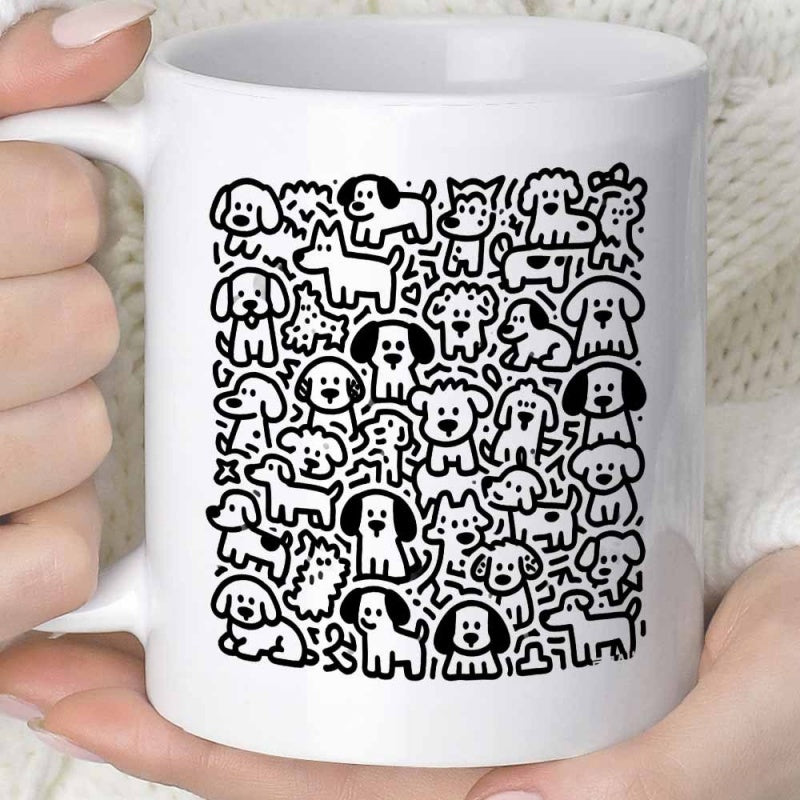 Tailorly White Ceramic 11 oz Mug - Playful Hand Drawn Cartoon Puppies Grouped In Minimalist Black Doodle Style Dogs