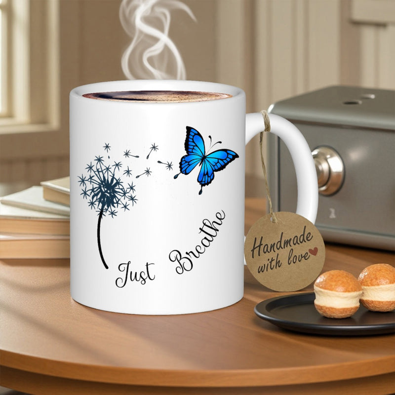 Tailorly White Ceramic 11 oz Mug - Just Breathe Dandelion Seeds Drifting In The Wind Towards A Vibrant Blue Butterfly