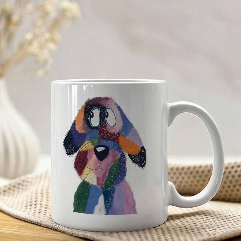 Tailorly White Ceramic 11 oz Mug - Vibrant Colorful Patchwork Style Featuring Large Expressive Eyes And Droopy Ears Dog