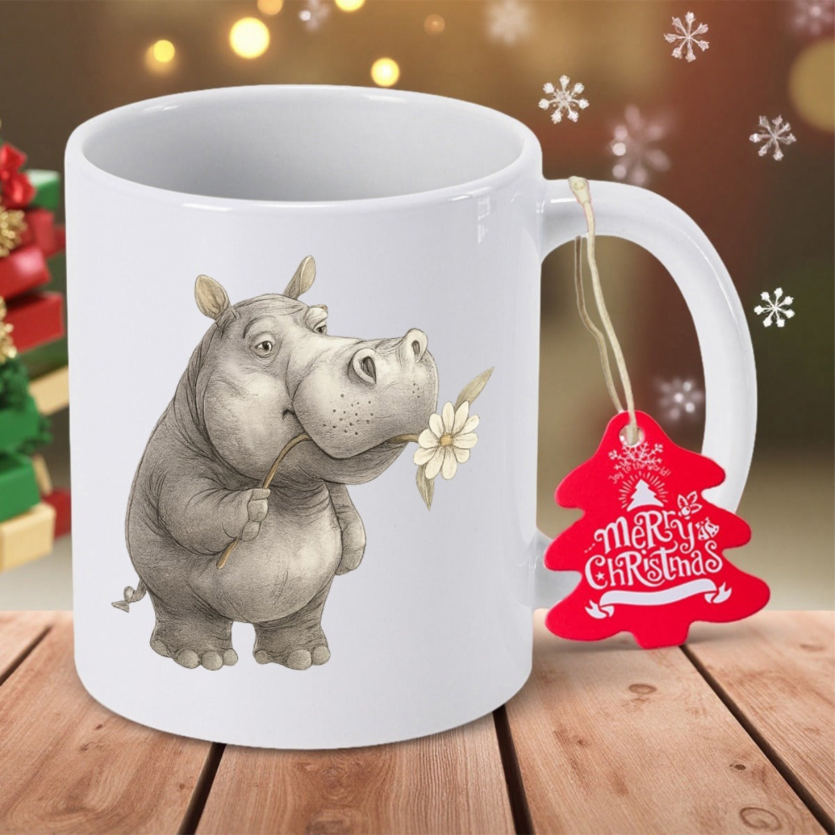 Tailorly White Ceramic 11 oz Mug - Merry Christmas Adorable Grey Hippo Gently Holding A Small White Flower In Mouth Hippo