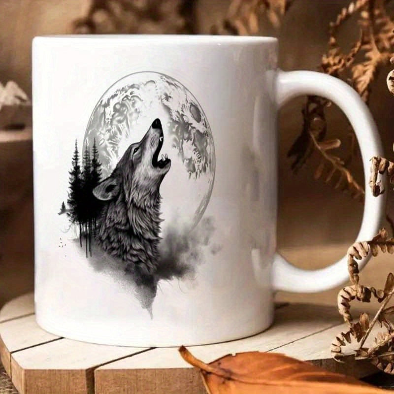 Tailorly White Ceramic 11 oz Mug - Majestic Wild Beast Howling Under Full Moon Amidst Dark Pine Forest Wolf
