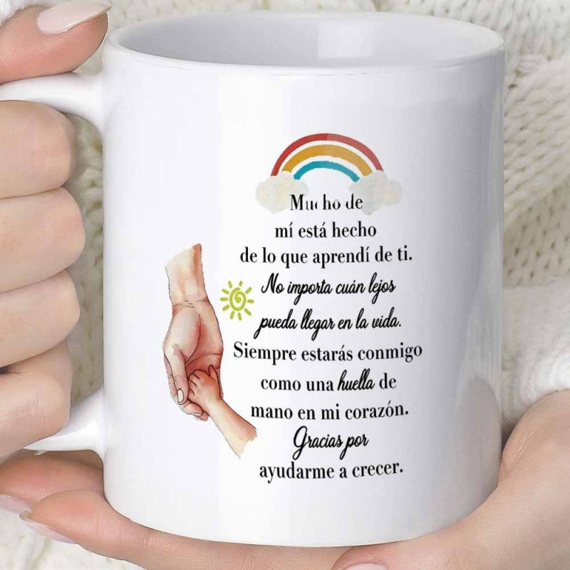 Tailorly White Ceramic 11 oz Mug - Colorful Rainbow With Small Green Sun And Adult Holding Tiny Hand