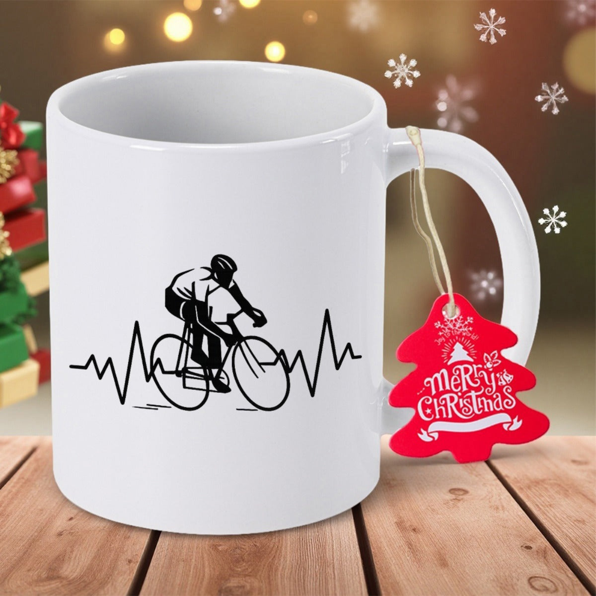 Tailorly White Ceramic 11 oz Mug - Minimalist Black Silhouette Of A Fast Cyclist Merged With Heartbeat Rhythm Bicycle