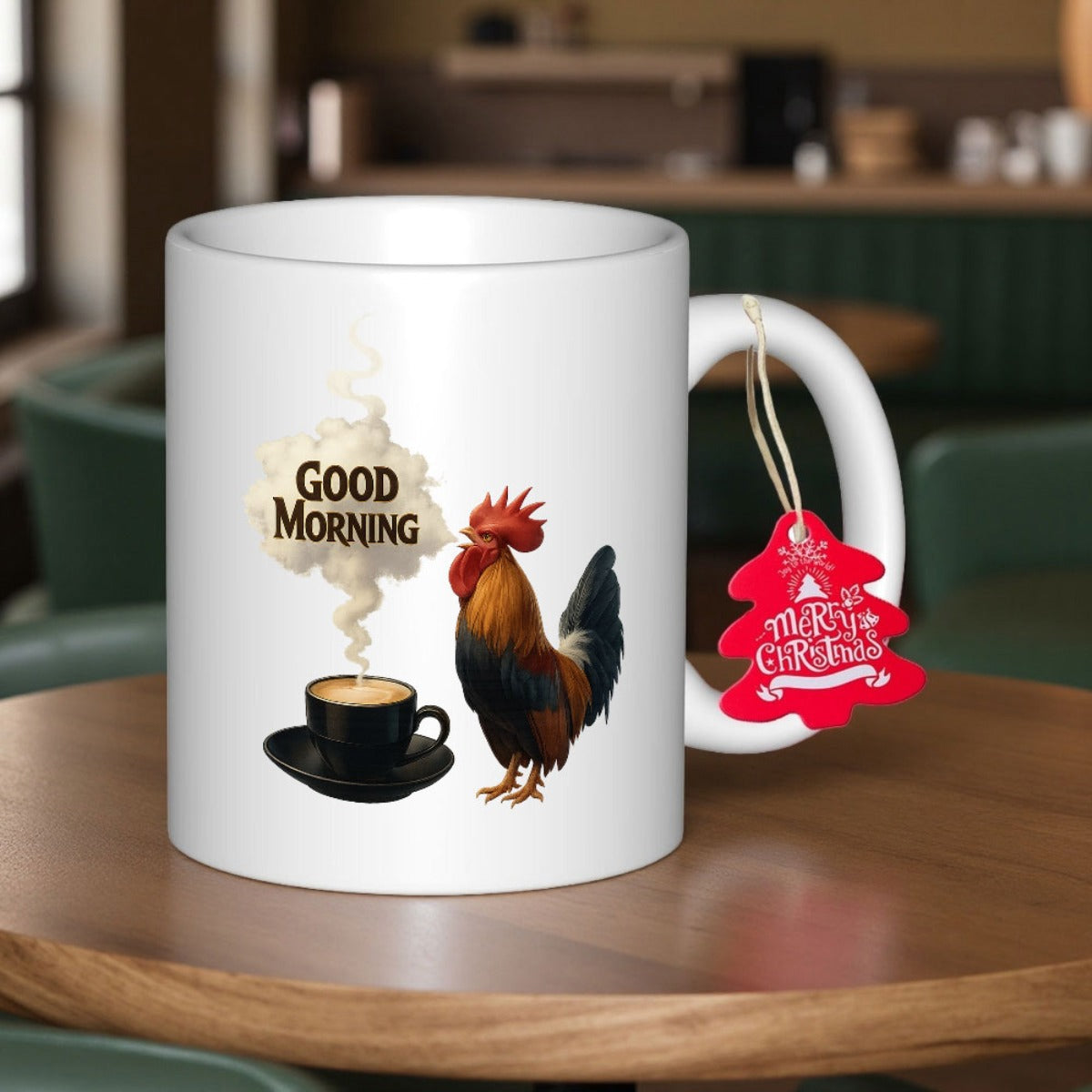 Tailorly White Ceramic 11 oz Mug - Good Morning Realistic Colorful Standing Near A Steaming Hot Coffee Cup Rooster