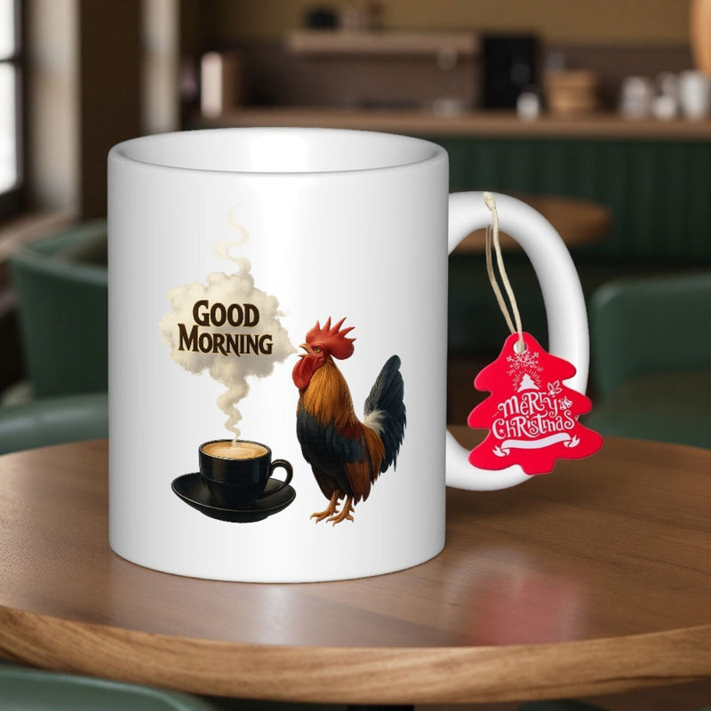 Tailorly White Ceramic 11 oz Mug - Good Morning Realistic Colorful Standing Near A Steaming Hot Coffee Cup Rooster