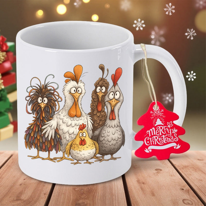 Tailorly White Ceramic 11 oz Mug - Merry Christmas Quirky Farm Birds With Funny Expressions Standing Together In A Group Chicken