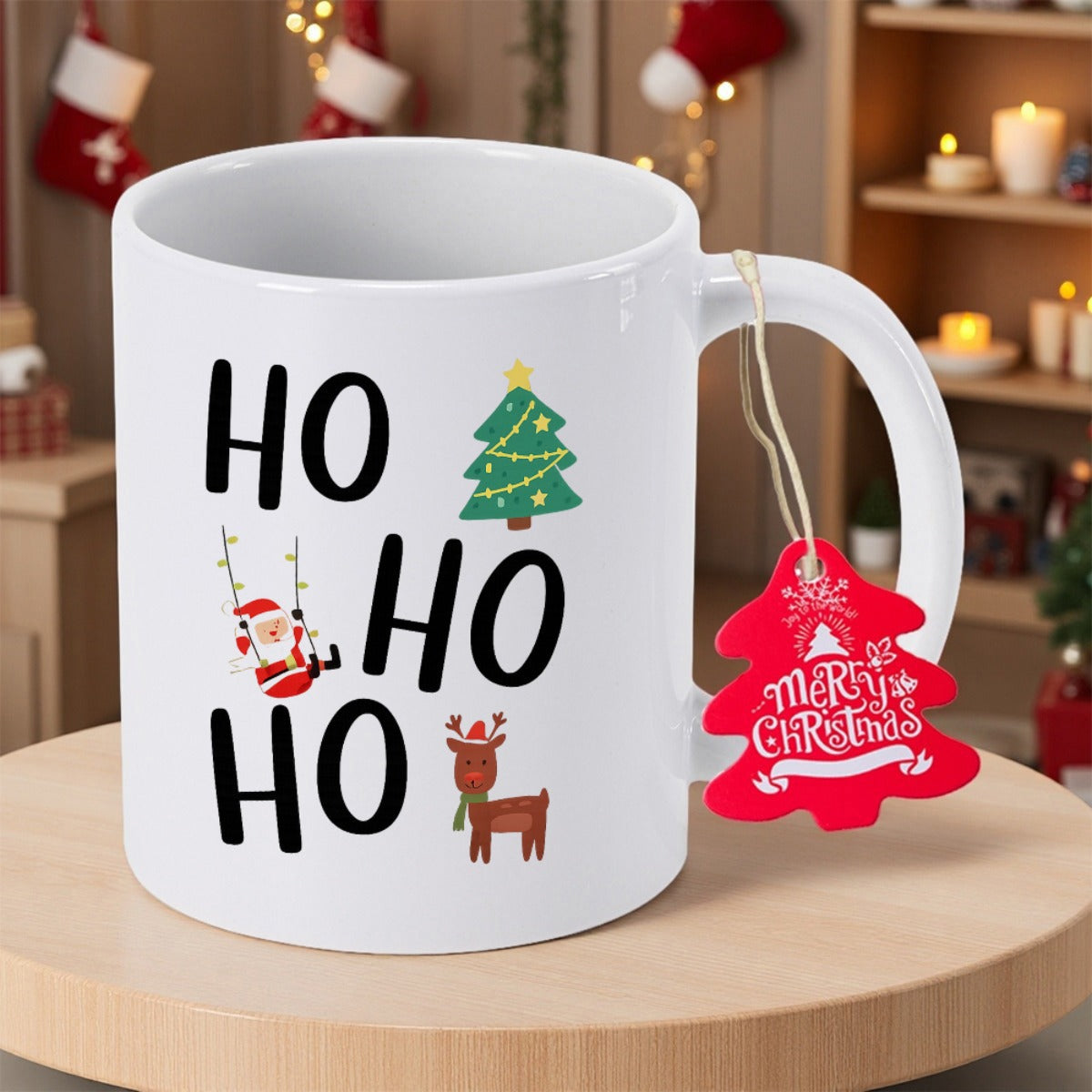 Tailorly White Ceramic 11 oz Mug - Ho Ho Ho Cartoon Santa Claus With Reindeer And Decorated Tree In Festive Style Mug
