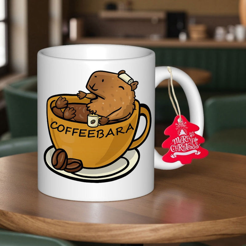 Tailorly White Ceramic 11 oz Mug - Coffeebara Cute Brown Animal Resting Comfortably Inside Large Cup Capybara