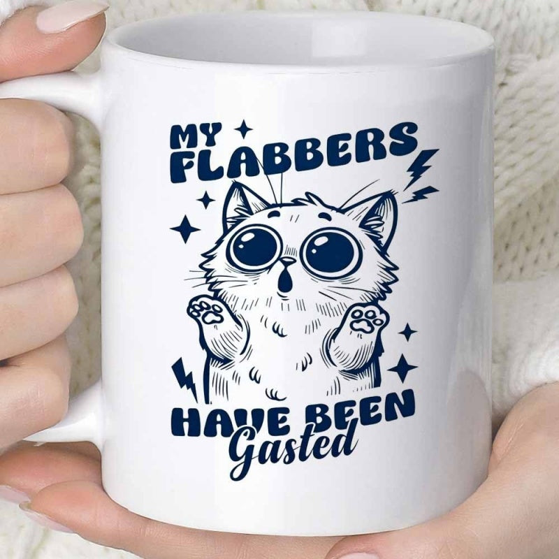 Tailorly White Ceramic 11 oz Mug - My Flabbers Have Been Gasted Adorable Surprised Cartoon Feline With Big Eyes Surrounded By Stars Cat