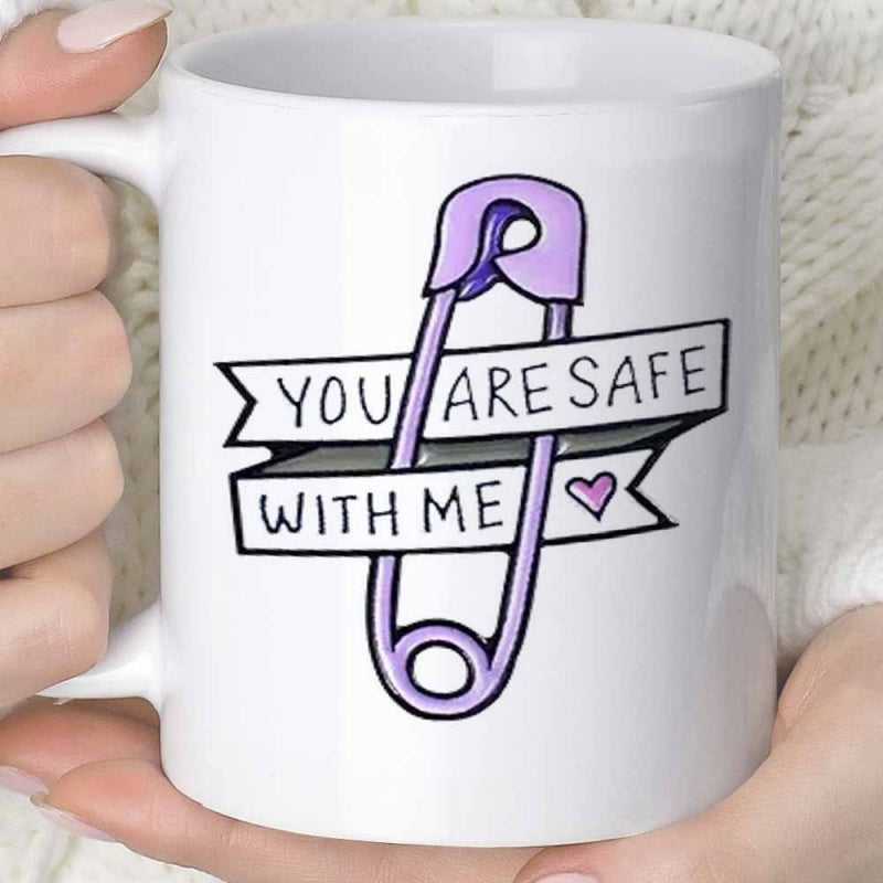 Tailorly White Ceramic 11 oz Mug - You Are Safe With Me Supportive Purple Safety Pin With Protective Banner And Heart Pin