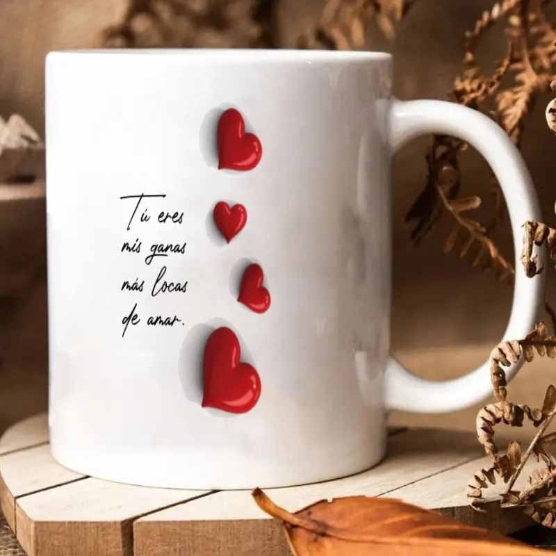 Tailorly White Ceramic 11 oz Mug - Floating Vibrant Red Three Dimensional Hearts On Minimalist White Background Heart