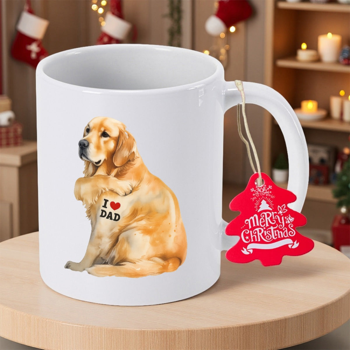 Tailorly White Ceramic 11 oz Mug - I Love Dad Faithful Golden Retriever Sitting On Ground With Heart Tattoo Golden Retriever