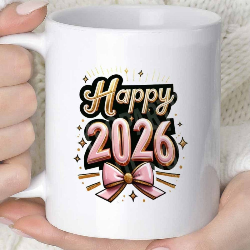 Tailorly White Ceramic 11 oz Mug - Happy 2026 Festive Pink Ribbon Under Glossy Three Dimensional Numbers Surrounded By Golden Stars Bow