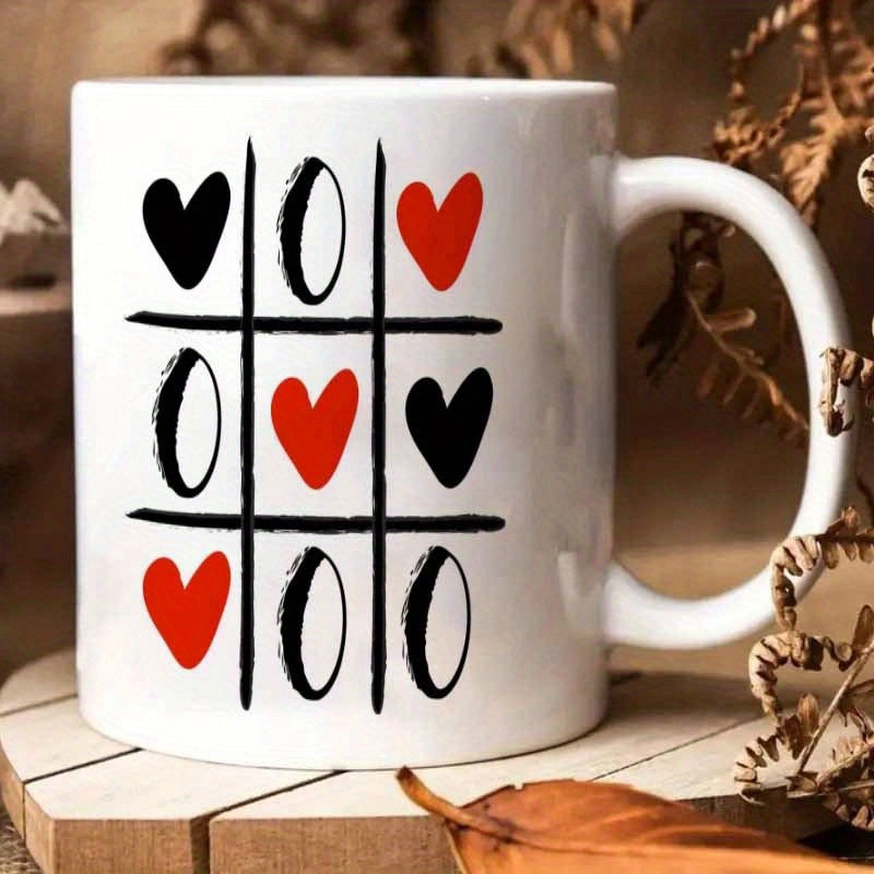 Tailorly White Ceramic 11 oz Mug - Artistic Tic Tac Toe Grid Featuring Black And Red Painted Hearts Mug