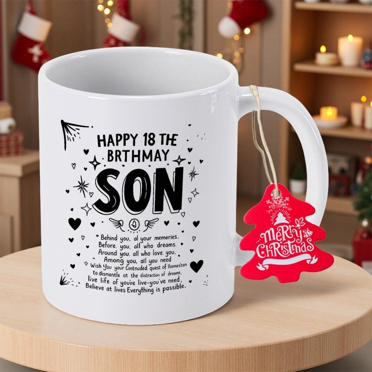Tailorly White Ceramic 11 oz Mug - Happy 18 Th Brthmay Son Classic White Ceramic With Minimalist Stars And Hearts Mug