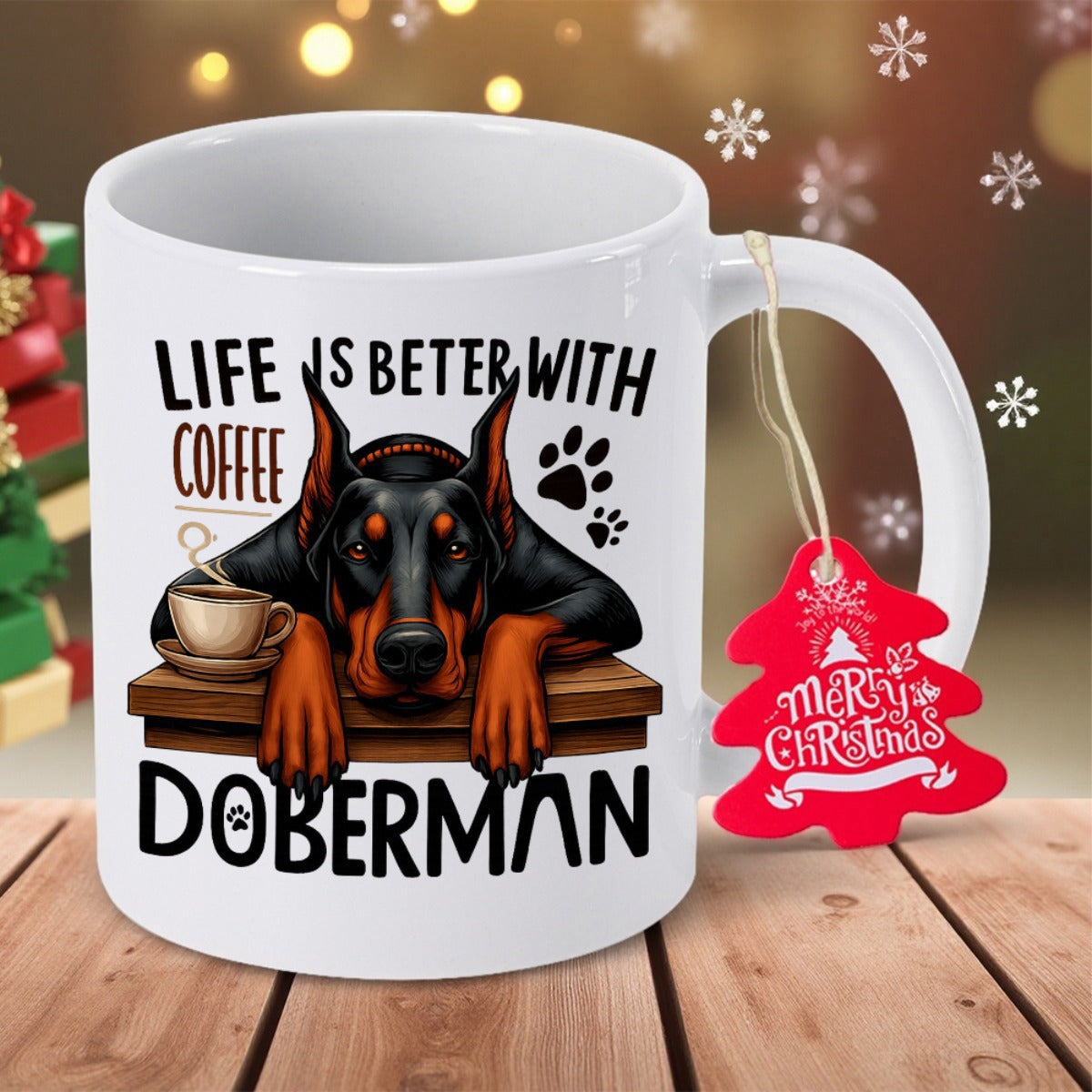 Tailorly White Ceramic 11 oz Mug - Life Is Beter With Coffee Doberman Attentive Black Dog Resting Paws On Ledge Beside Small Coffee Cup Doberman