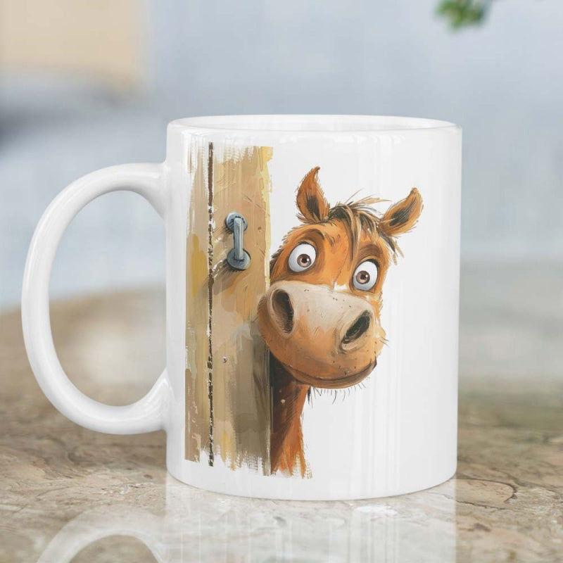 Tailorly White Ceramic 11 oz Mug - Funny Brown Character Peeking From Behind A Weathered Wood Stable Horse