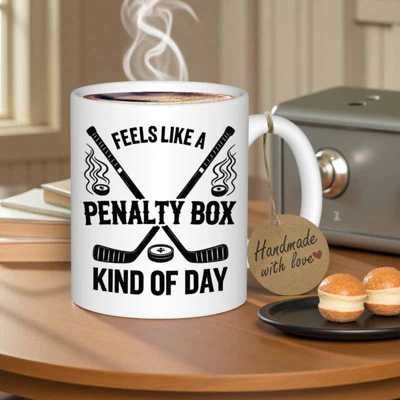 Tailorly White Ceramic 11 oz Mug - Feels Like A Penalty Box Kind Of Day Two Crossed Ice Hockey Sticks With Flaming Pucks In Athletic Style Hockey Sticks