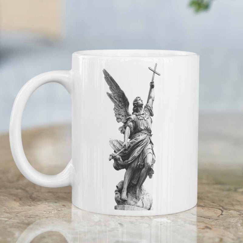 Tailorly White Ceramic 11 oz Mug - Majestic Winged Guardian With Sword And Cross In Celestial Pose Angel