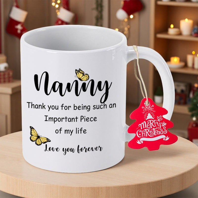 Tailorly White Ceramic 11 oz Mug - Nanny Thank You For Being Such An Important Piece Of My Life Love You Forever Small Yellow Butterflies Flying Around Sentimental
