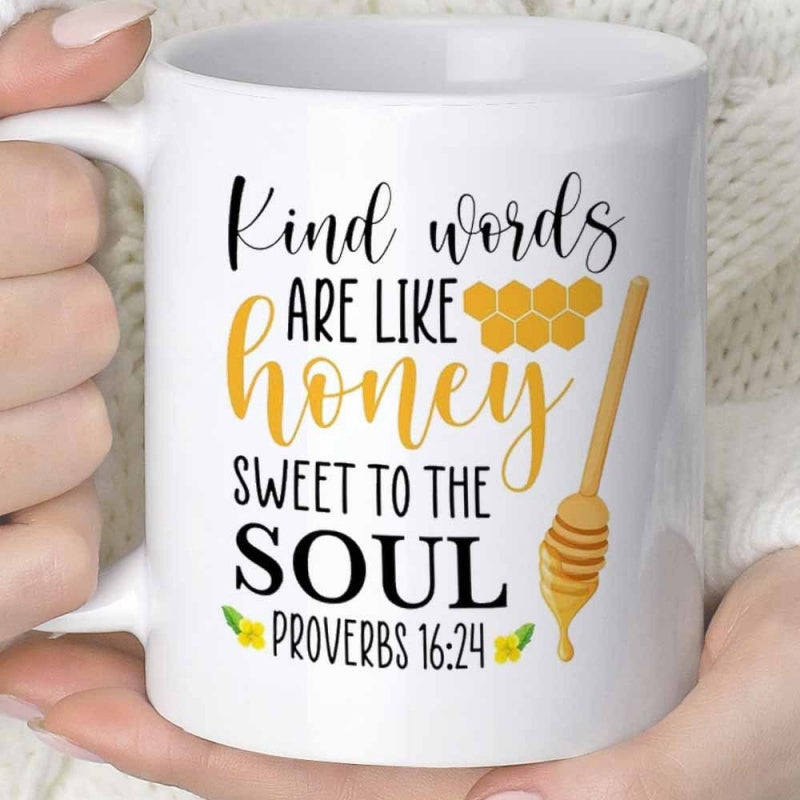 Tailorly White Ceramic 11 oz Mug - Kind Words Are Like Honey Sweet To The Soul Proverbs 16 24 Golden Hexagonal Pattern With Sweet Wooden Dipper Drip Honeycomb