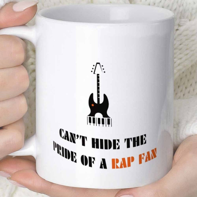 Tailorly White Ceramic 11 oz Mug - Cant Hide The Pride Of A Rap Fan Sleek Black Musical Instrument Silhouette Merging With Classic Piano Keys Guitar