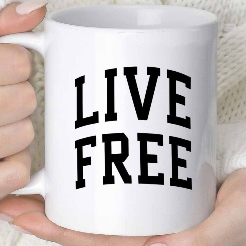 Tailorly White Ceramic 11 oz Mug - Live Free Bold Black Varsity Typography Arched Over A Clean Minimalist Surface Mug