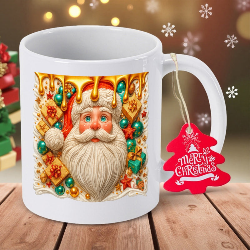 Tailorly White Ceramic 11 oz Mug - Merry Christmas Festive Portrait With Golden Melting Drips Among Ornaments And Gift Boxes Santa Claus