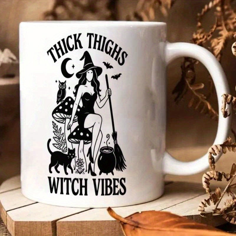 Tailorly White Ceramic 11 oz Mug - Thick Thighs Witch Vibes Mystical Forest Elements With Black Cat And Cauldron Under Crescent Moon Witch