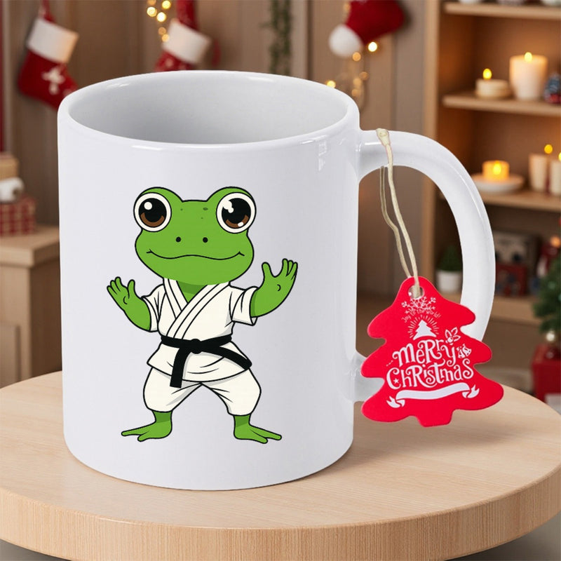 Tailorly White Ceramic 11 oz Mug - Merry Christmas Cute Martial Arts Master Wearing Traditional White Karate Uniform Frog