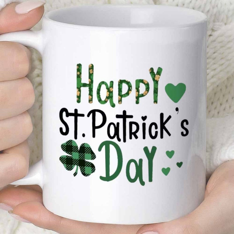 Tailorly White Ceramic 11 oz Mug - Happy St Patricks Day Vibrant Green Plaid Textures With Festive Hearts And Lucky Shamrock Mug
