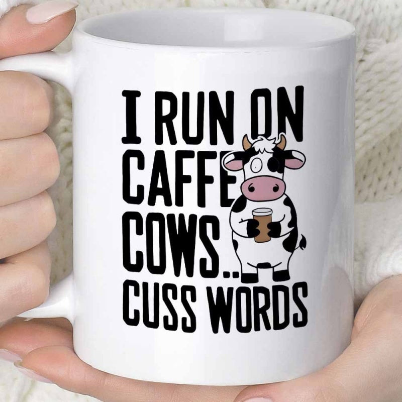 Tailorly White Ceramic 11 oz Mug - I Run On Caffeine Cows Cuss Words Adorable Spotted Bovine Character Standing While Holding Steaming Morning Beverage Mug Cow