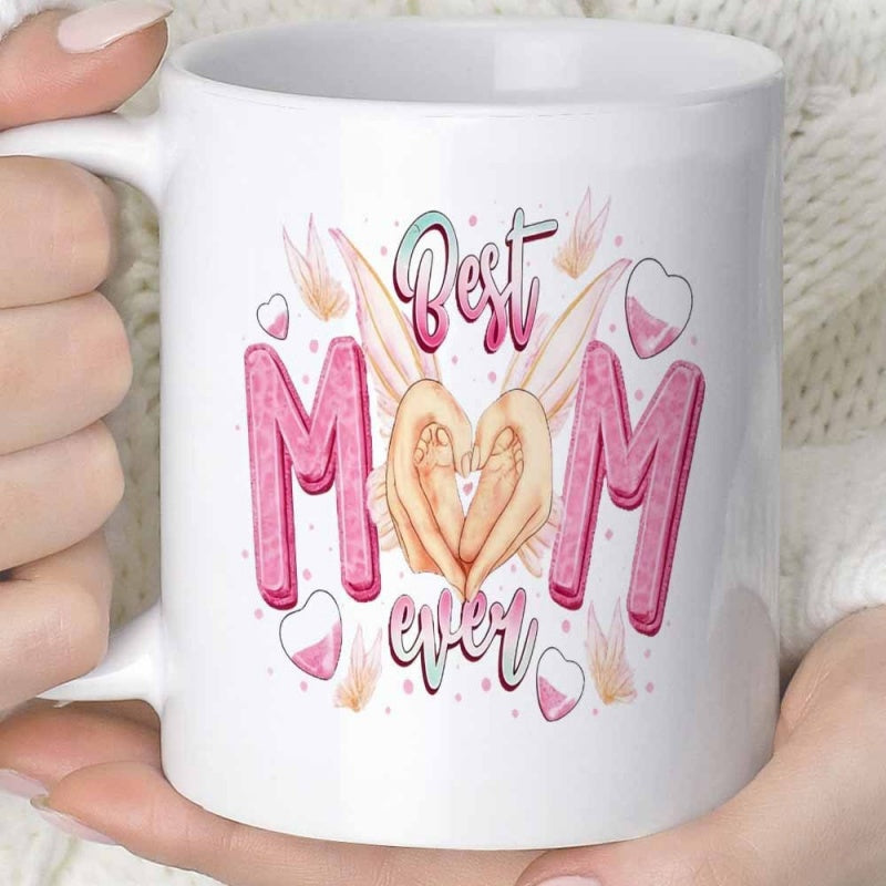 Tailorly White Ceramic 11 oz Mug - Best Mom Ever Delicate Hand Gesture Forming Heart With Soft Wings And Hearts Heart