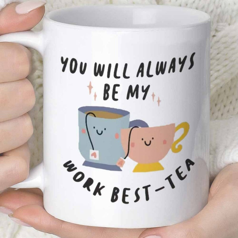 Tailorly White Ceramic 11 oz Mug - You Will Always Be My Work Best-Tea Two Adorable Cartoon Cups With Smiling Faces Among Sparkles Mug