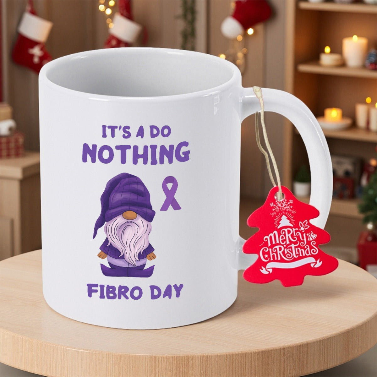 Tailorly White Ceramic 11 oz Mug - Its A Do Nothing Fibro Day Cute Purple Awareness Ribbon Floating Beside Sitting Little Gnome