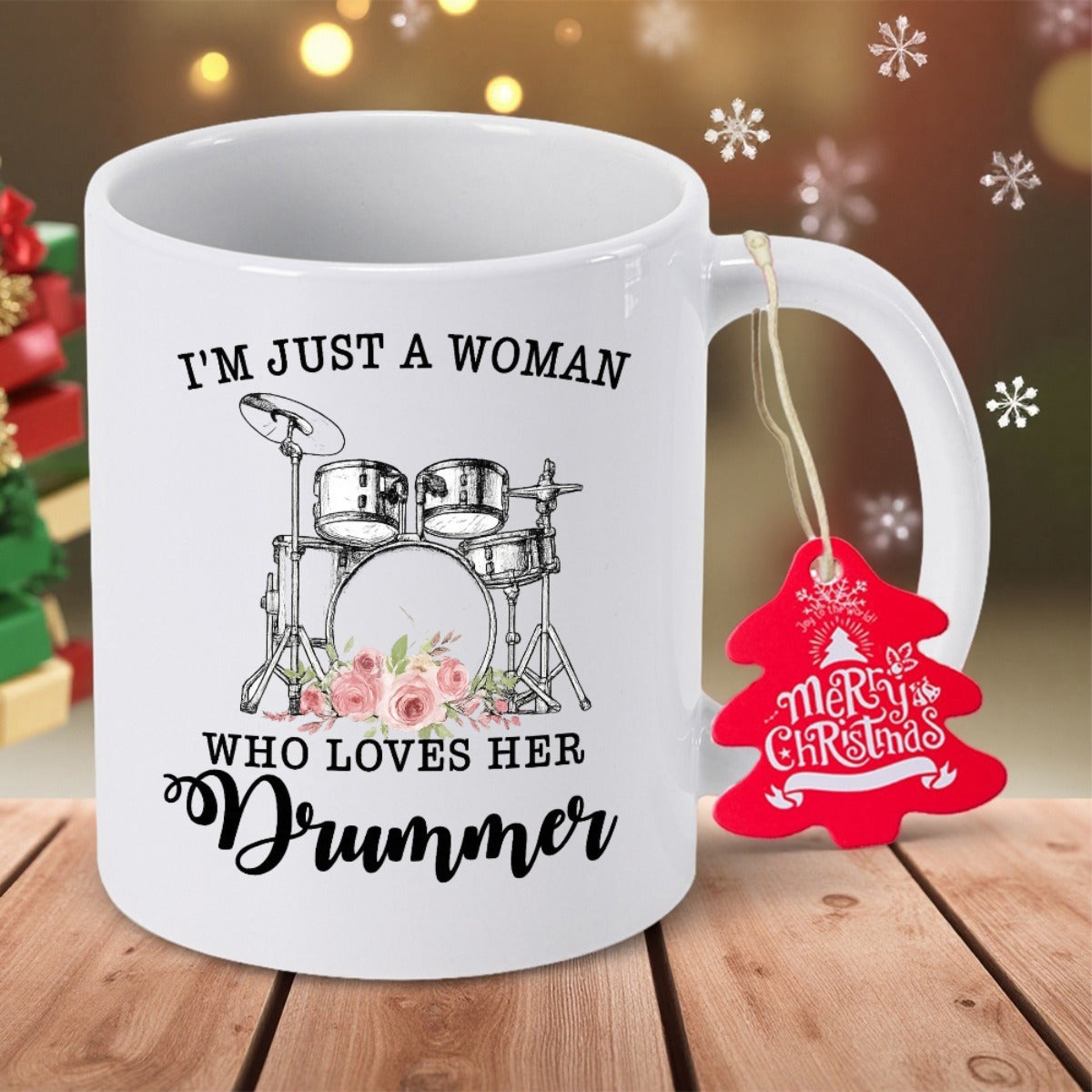 Tailorly White Ceramic 11 oz Mug - Im Just A Woman Who Loves Her Drummer Professional Musical Instrument Set Decorated With Delicate Pink Roses Drum Kit