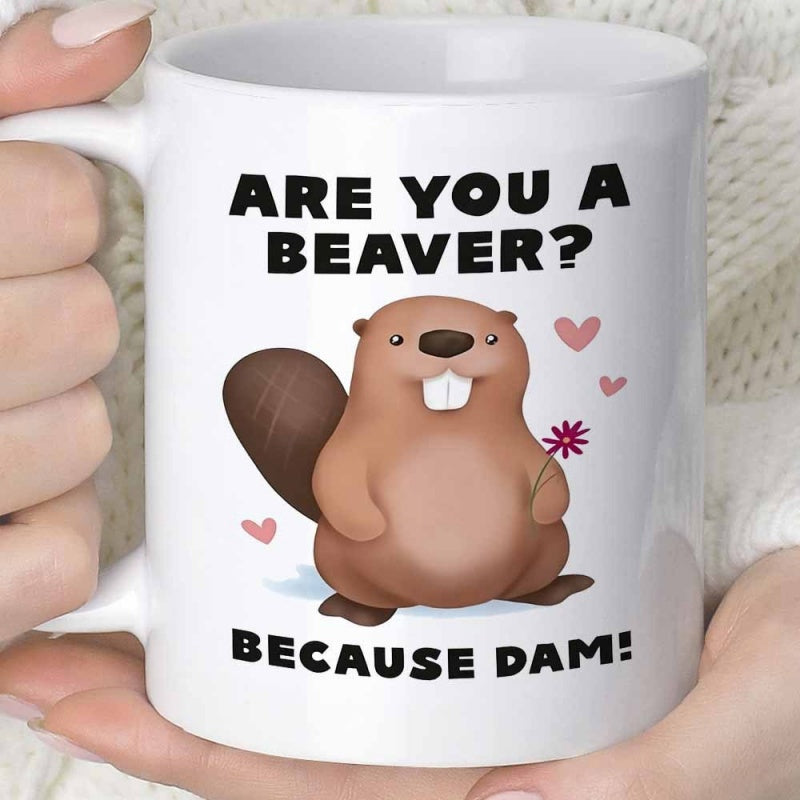 Tailorly White Ceramic 11 oz Mug - Are You A Beaver Because Dam Adorable Brown Cartoon Animal Holding A Flower Among Tiny Pink Hearts Beaver