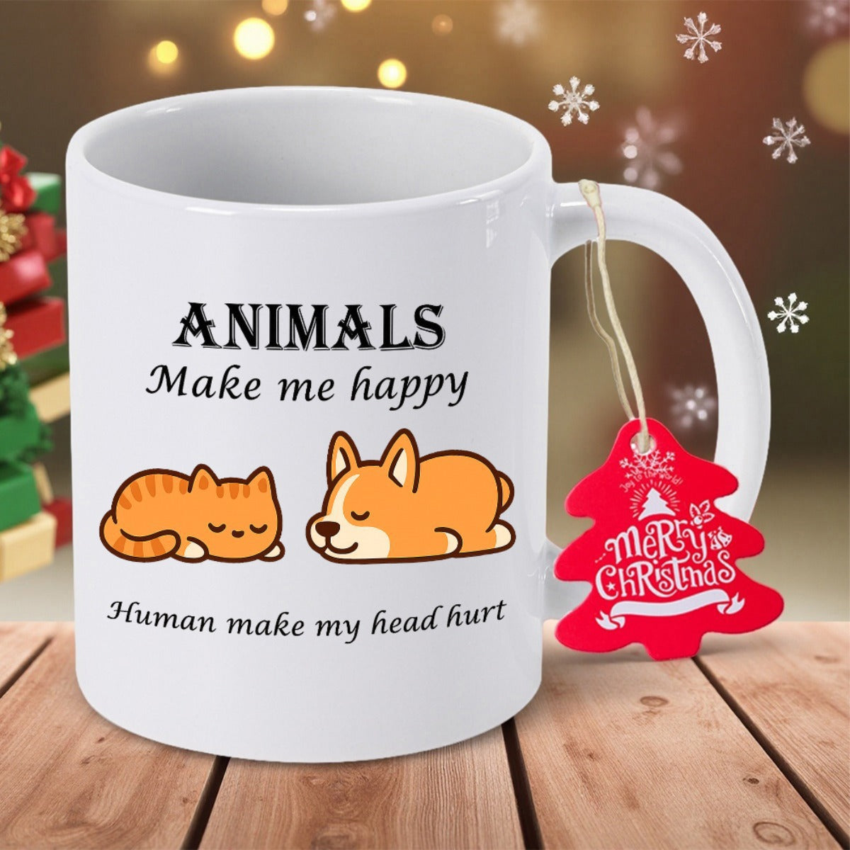 Tailorly White Ceramic 11 oz Mug - Animals Make Me Happy Human Make My Head Hurt Adorable Sleeping Orange Tabby Cat Beside A Resting Small Corgi