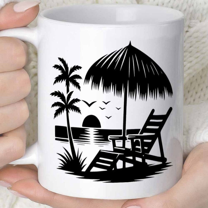 Tailorly White Ceramic 11 oz Mug - Tropical Beach Silhouette With Palm Trees And Sunset Under Fringed Umbrella Landscape