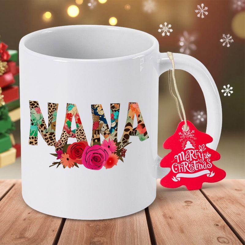 Tailorly White Ceramic 11 oz Mug - Nana Floral Leopard Pattern Filled Letters Surrounded By Colorful Vibrant Blooming Roses Mug