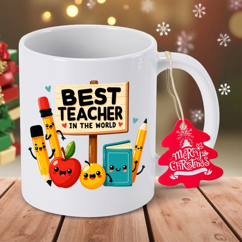 Tailorly White Ceramic 11 oz Mug - Best Teacher In The World Merry Christmas Cheerful Cartoon School Supplies Gathering Around A Small Wooden Sign