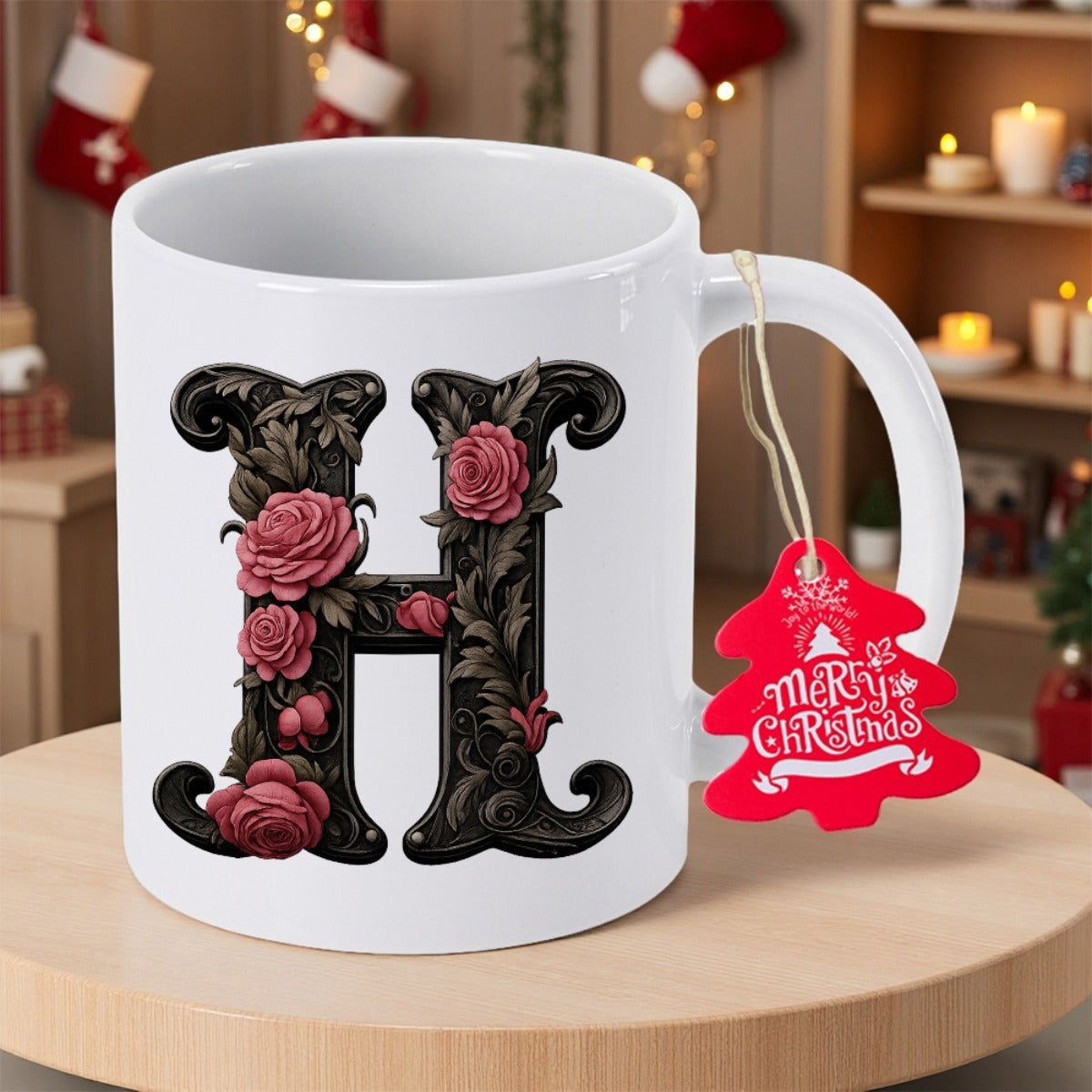 Tailorly White Ceramic 11 oz Mug - Merry Christmas Ornate Vintage Style With Pink Roses And Intricate Dark Floral Details Letter H