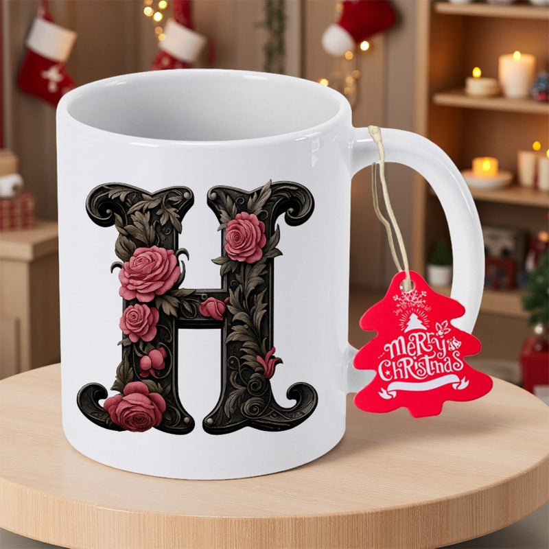 Tailorly White Ceramic 11 oz Mug - Merry Christmas Ornate Vintage Style With Pink Roses And Intricate Dark Floral Details Letter H