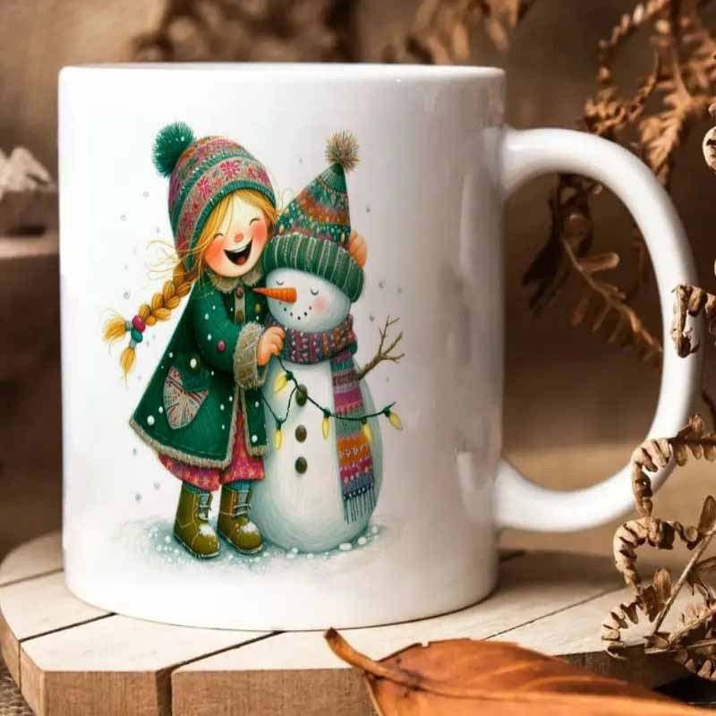 Tailorly White Ceramic 11 oz Mug - Charming Winter Scene With Small Girl Hugging A Smiling Decorated Snowman
