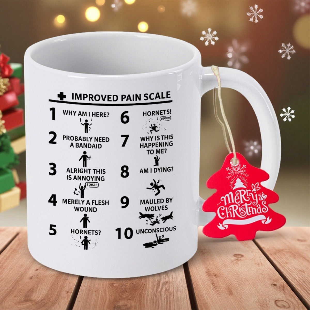 Tailorly White Ceramic 11 oz Mug - Improved Pain Scale Minimalist Stick Figures Showing Various Degrees Of Humorous Physical Discomfort Mug
