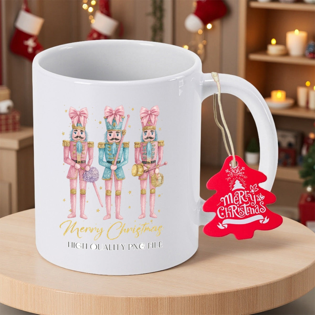 Tailorly White Ceramic 11 oz Mug - Merry Christmas Three Pastel Colored Soldiers Standing Tall Among Festive Golden Stars Nutcracker